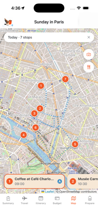 Guide map with a numbered walking route through the day's stops