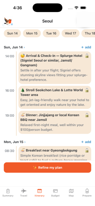 A day-by-day itinerary planned by Robin